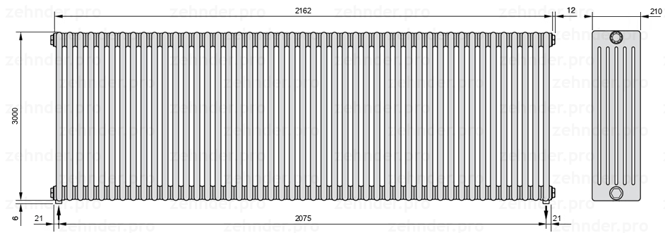 Схема (чертеж) Радиатор Zehnder Charleston 6300/47 №5310 Белый глянцевый RAL 9016